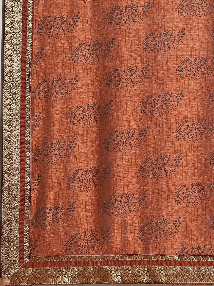 Brown Printed Silk Blend Saree - Libas