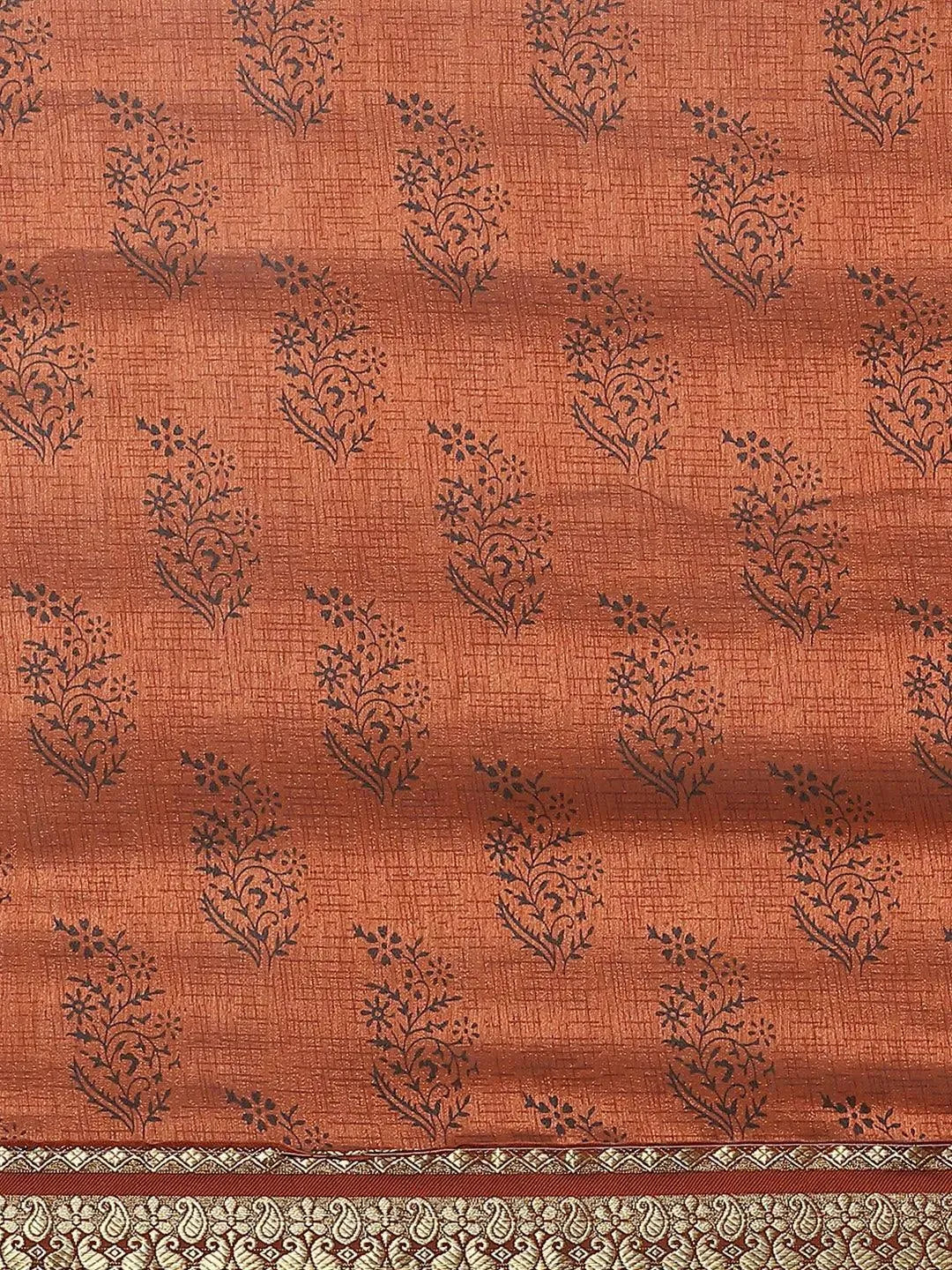 Brown Printed Silk Blend Saree - Libas 