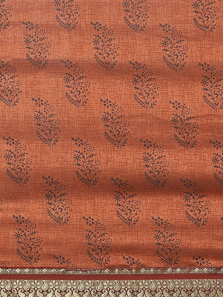 Brown Printed Silk Blend Saree - Libas