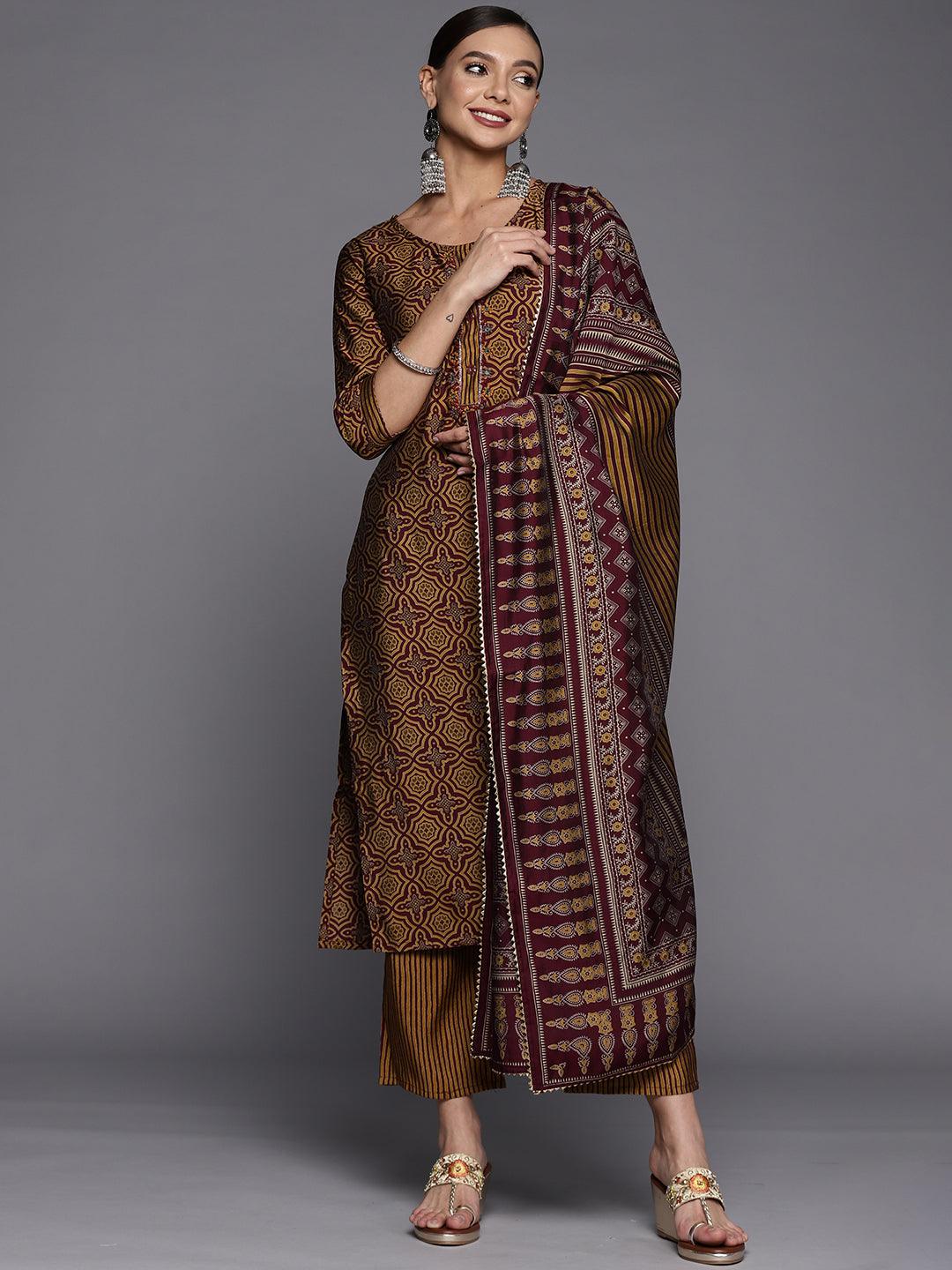 Brown Printed Silk Blend Straight Suit Set - Libas