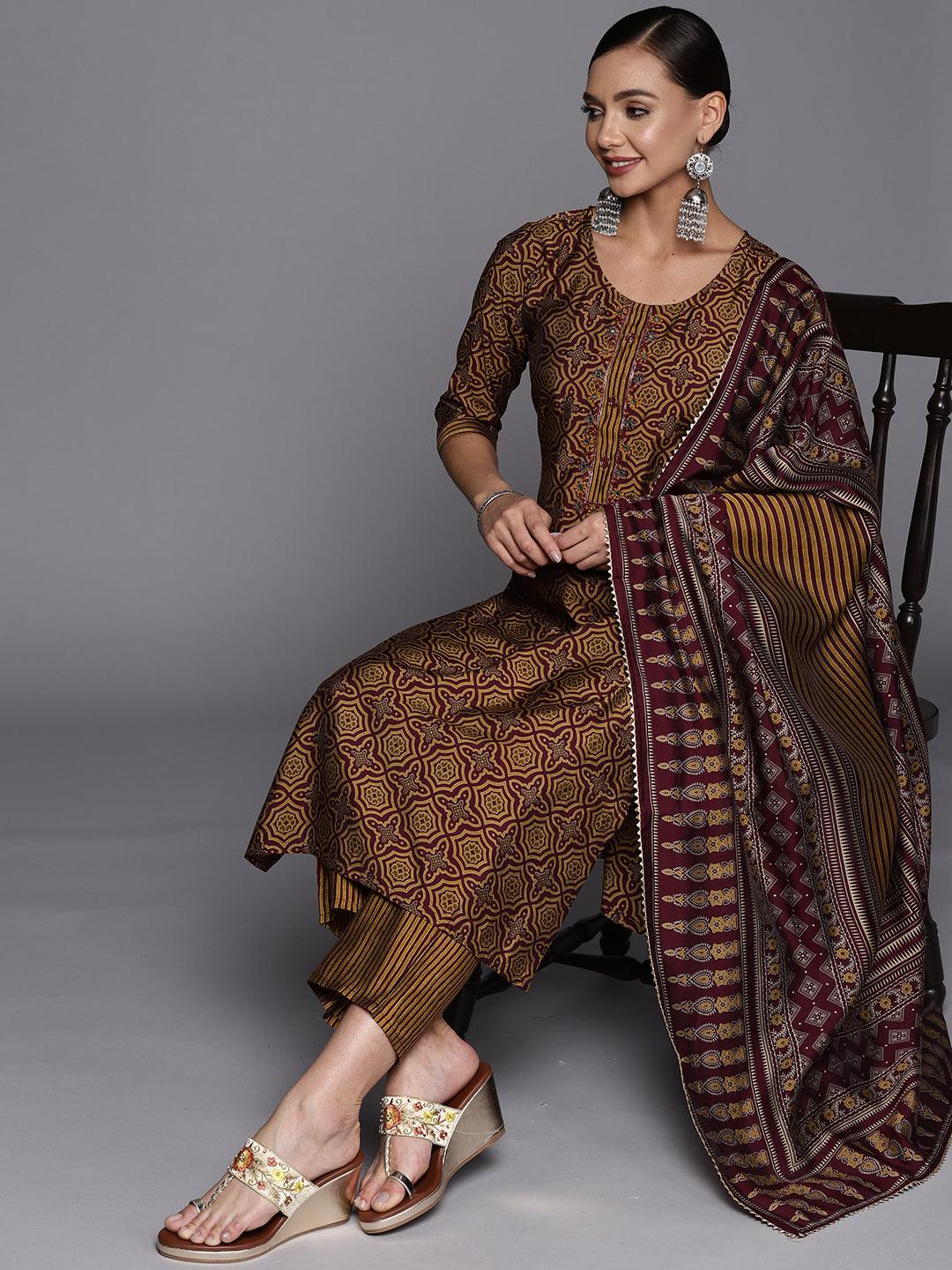 Brown Printed Silk Blend Straight Suit Set - Libas