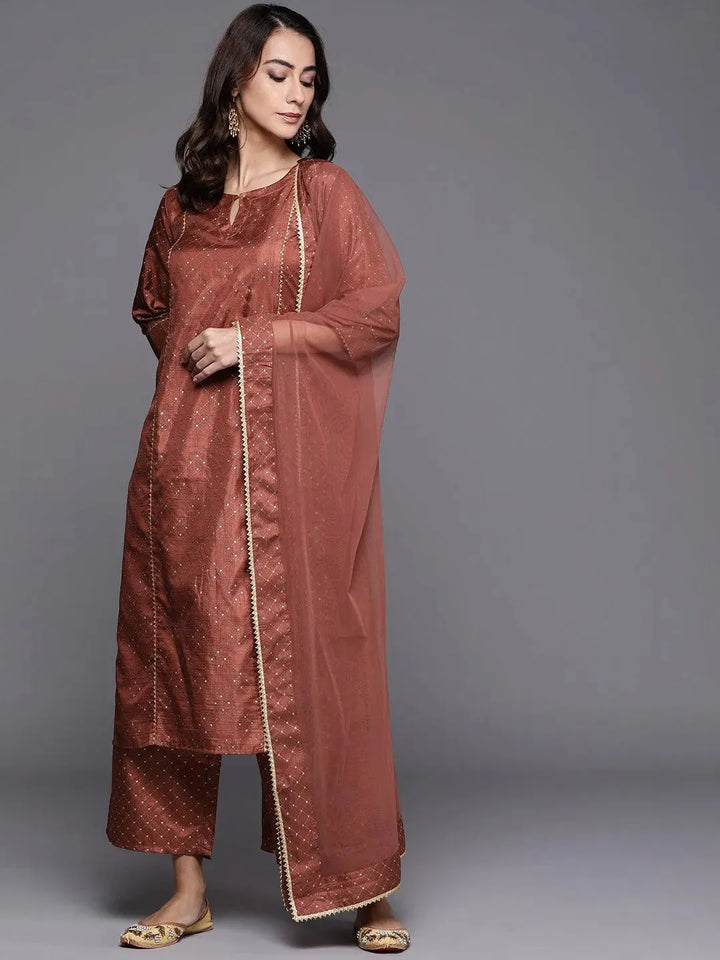 Brown Printed Silk Blend Suit Set - Libas