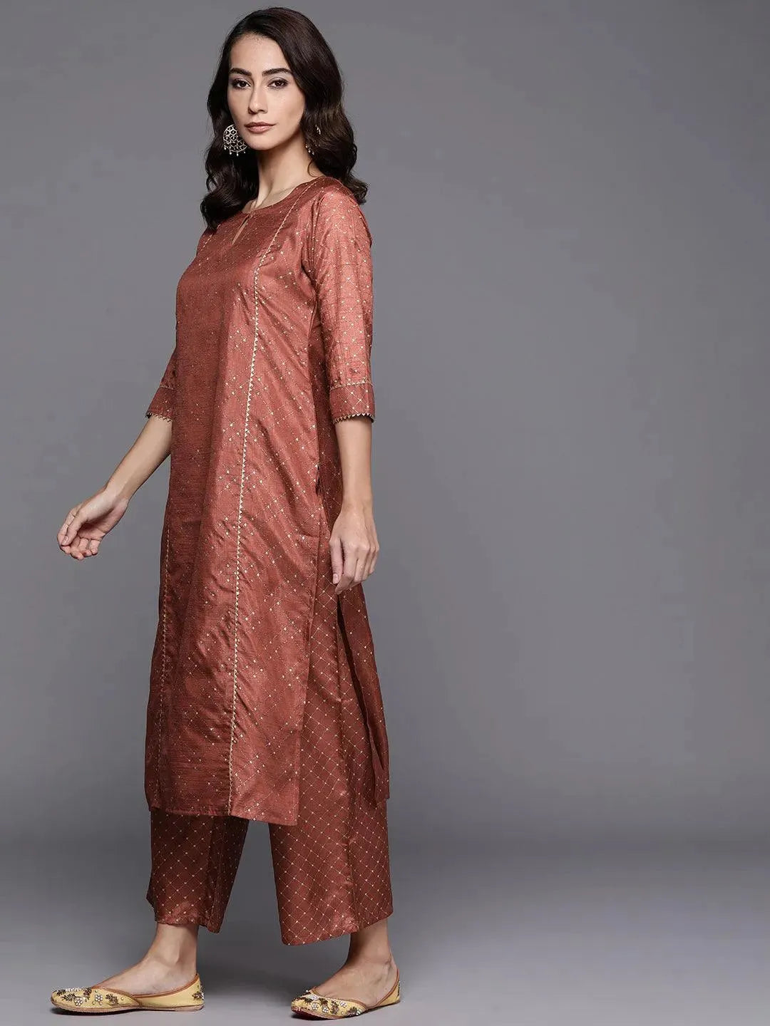 Brown Printed Silk Blend Suit Set - Libas