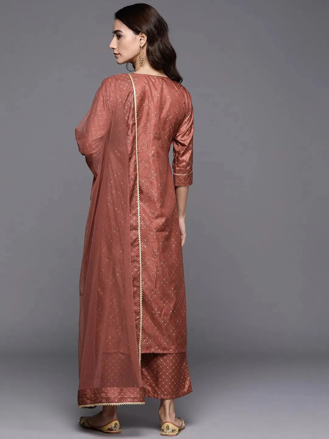 Brown Printed Silk Blend Suit Set - Libas 