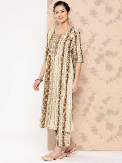Brown Printed Silk Blend Straight Kurta With Trousers and Dupatta - Libas