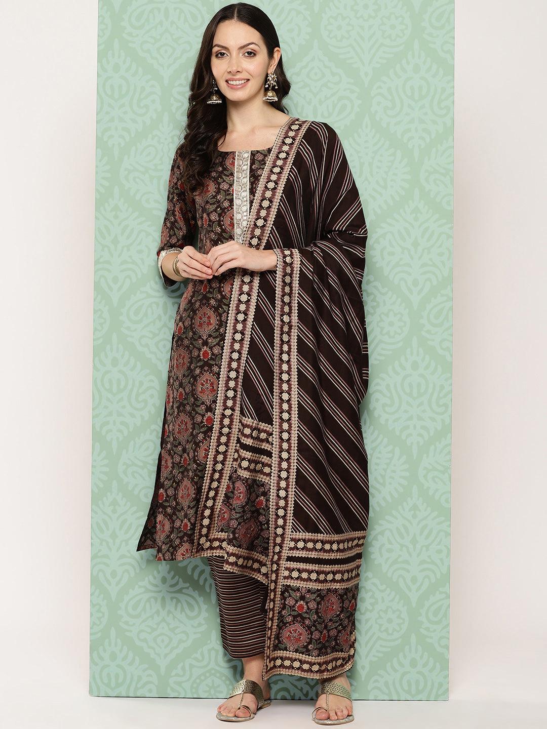 Brown Printed Silk Blend Straight Suit With Dupatta