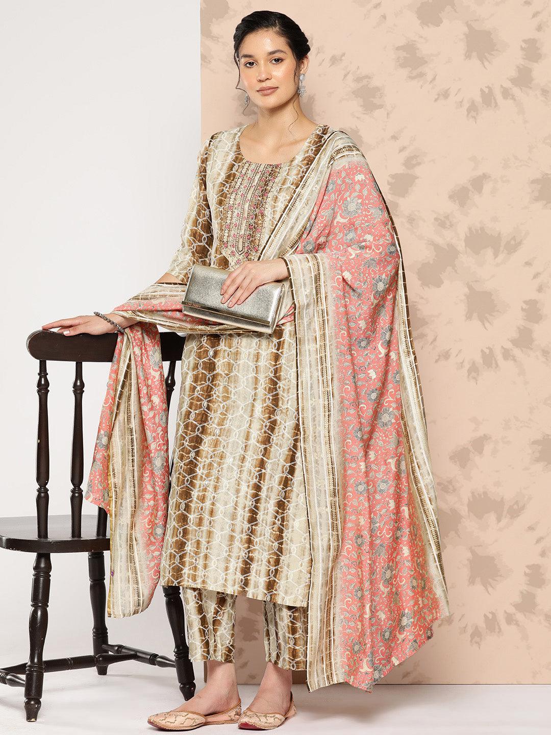 Brown Printed Silk Blend Straight Kurta With Trousers and Dupatta