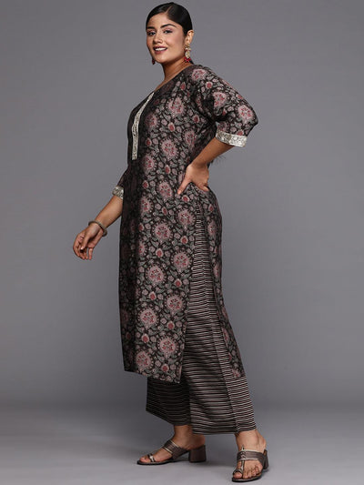Brown Printed Silk Blend Straight Kurta With Trousers & Dupatta - Libas