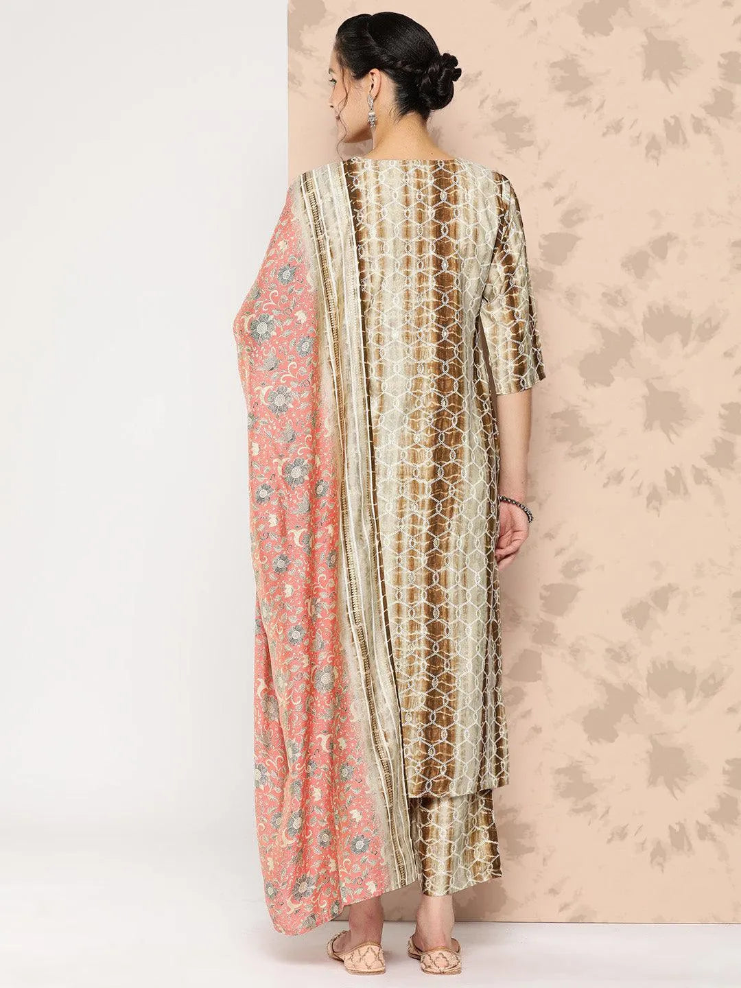 Brown Printed Silk Blend Straight Kurta With Trousers and Dupatta - Libas