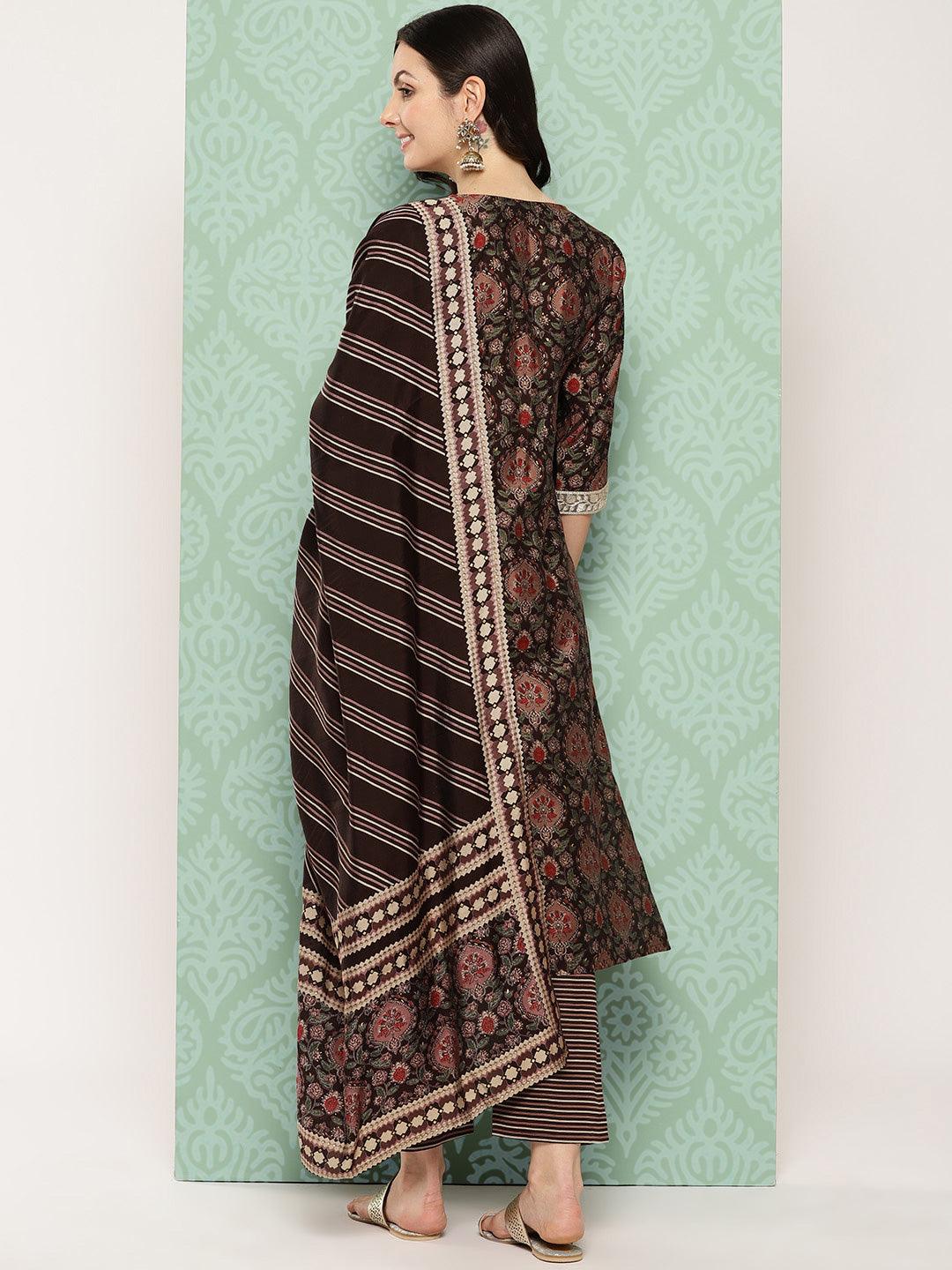 Brown Printed Silk Blend Straight Suit With Dupatta