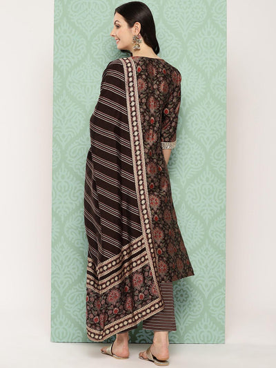 Brown Printed Silk Blend Straight Kurta With Trousers & Dupatta - Libas