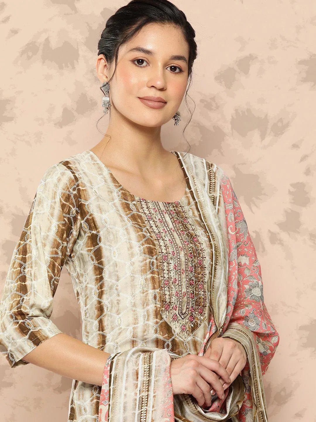 Brown Printed Silk Blend Straight Kurta With Trousers and Dupatta - Libas 