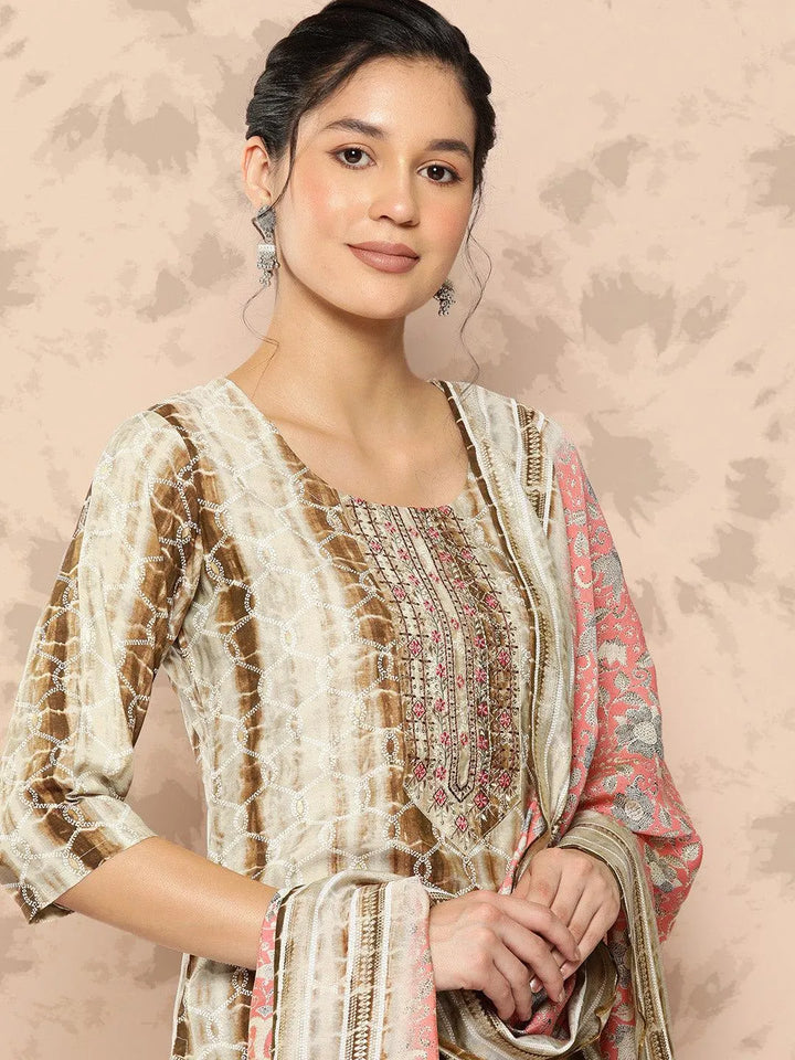 Brown Printed Silk Blend Straight Kurta With Trousers and Dupatta - Libas