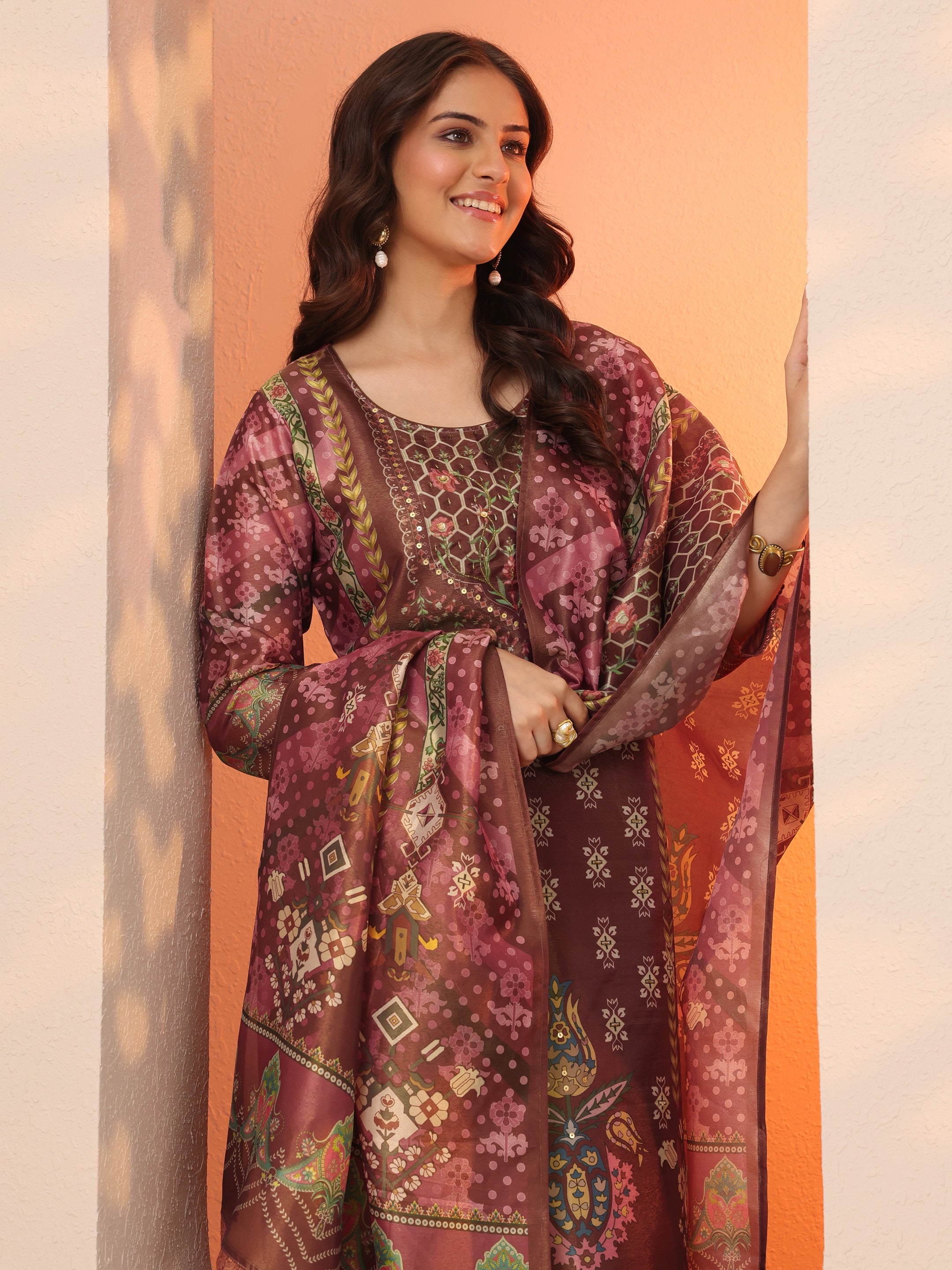 Brown Printed Silk Blend Straight Suit Set With Dupatta-image-47