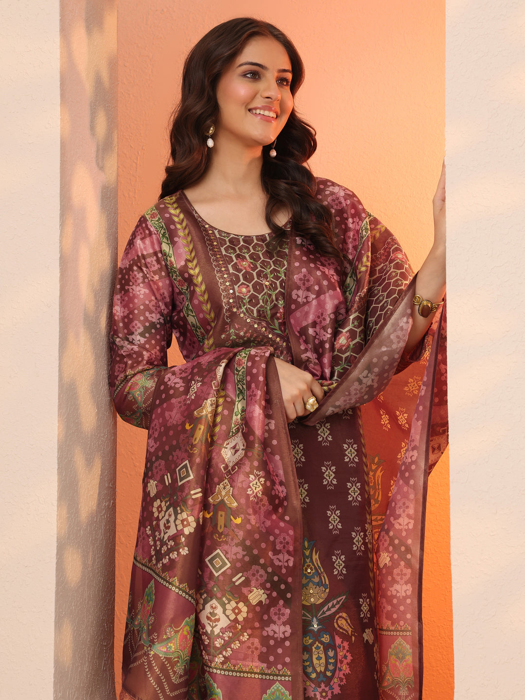 Brown Printed Silk Blend Straight Suit Set With Dupatta