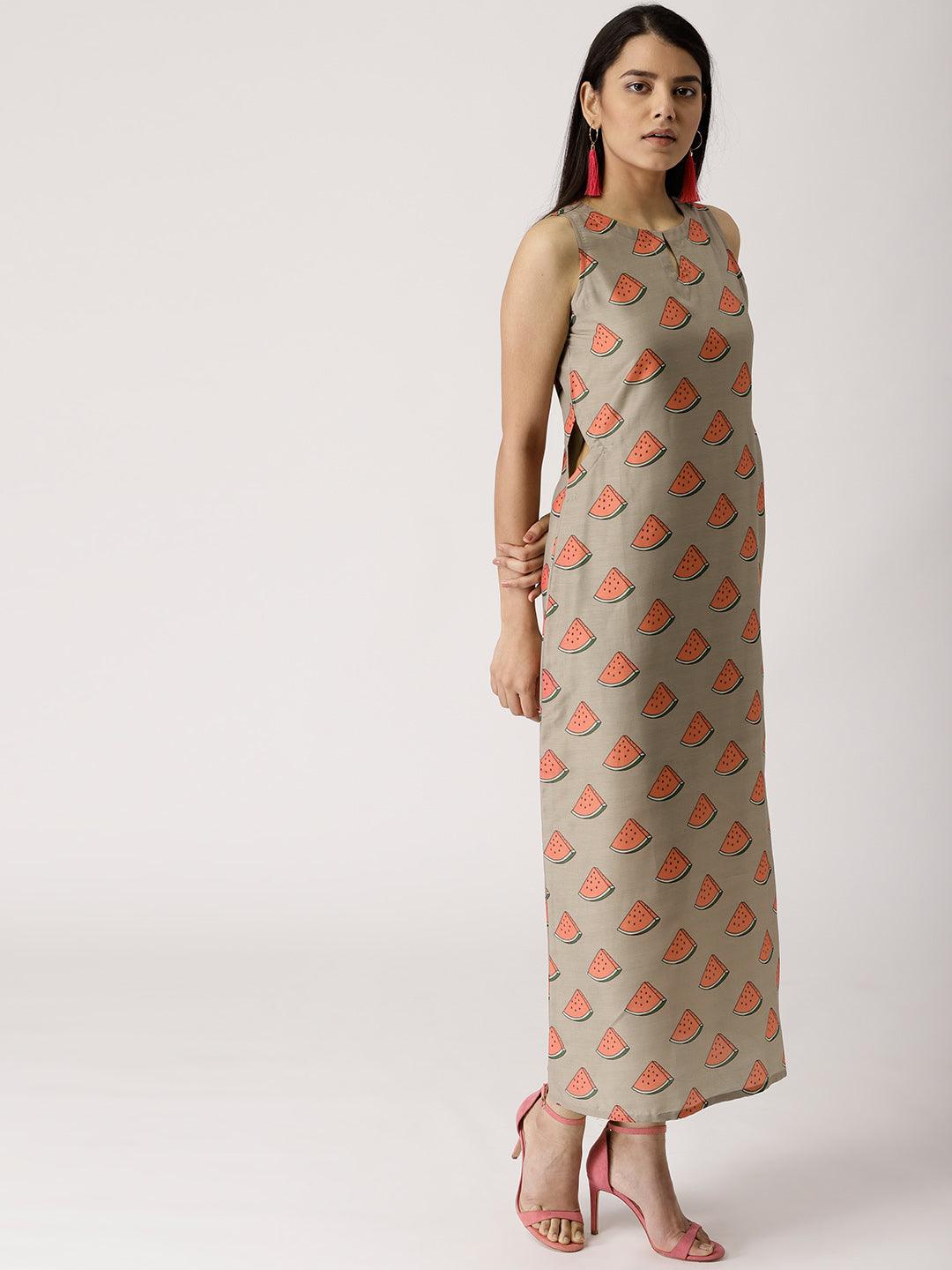 Brown Printed Silk Dress - Libas