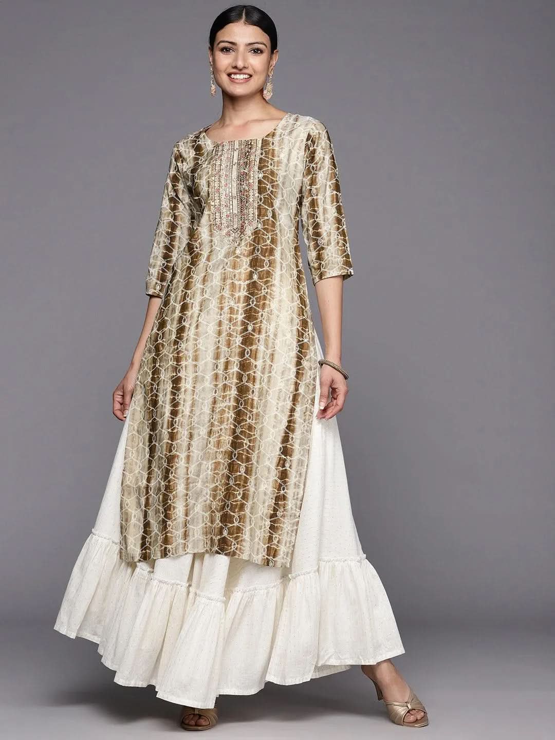 Brown Printed Silk Straight Kurta - Libas 