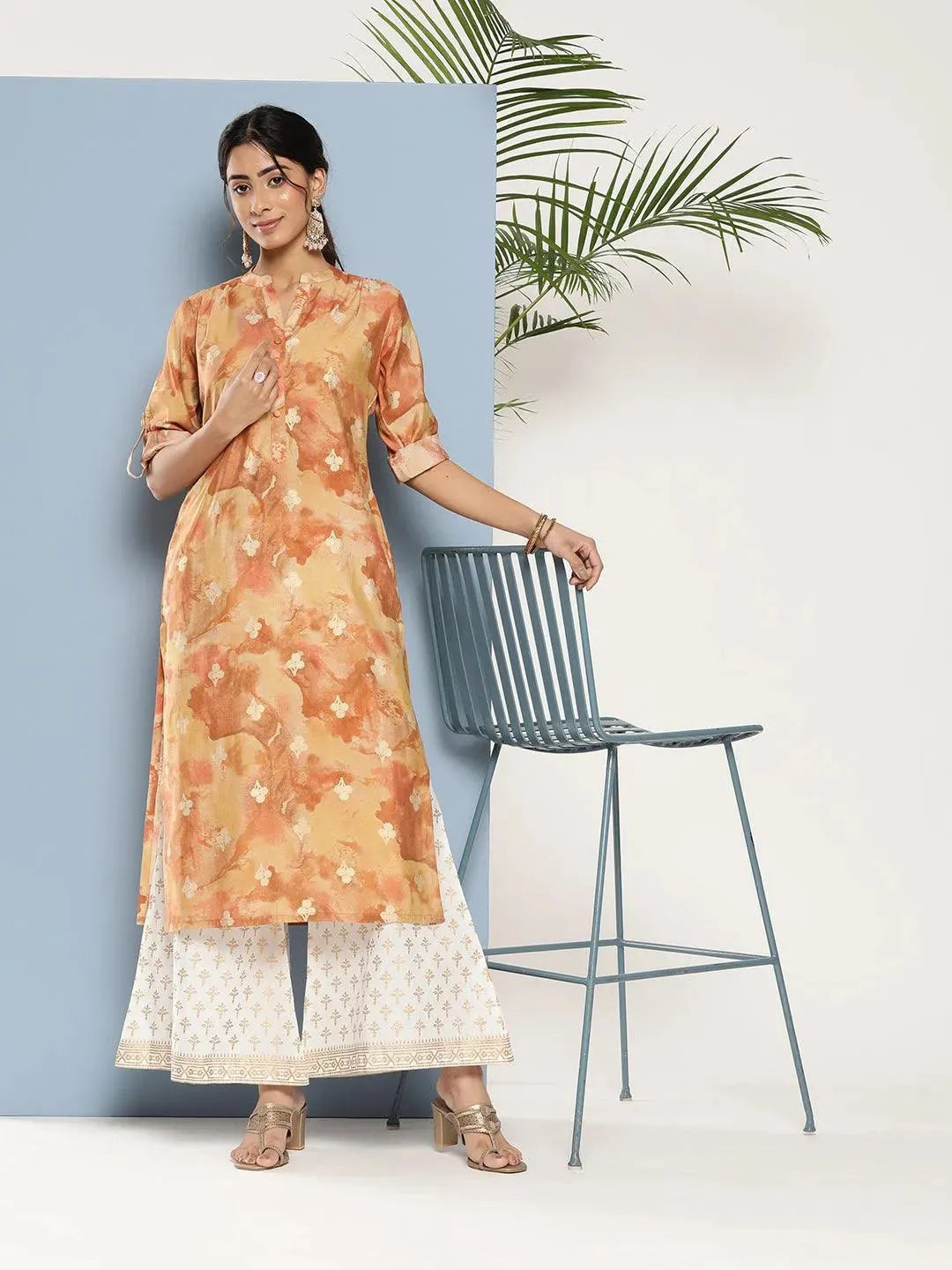 Brown Printed Silk Straight Kurta - Libas