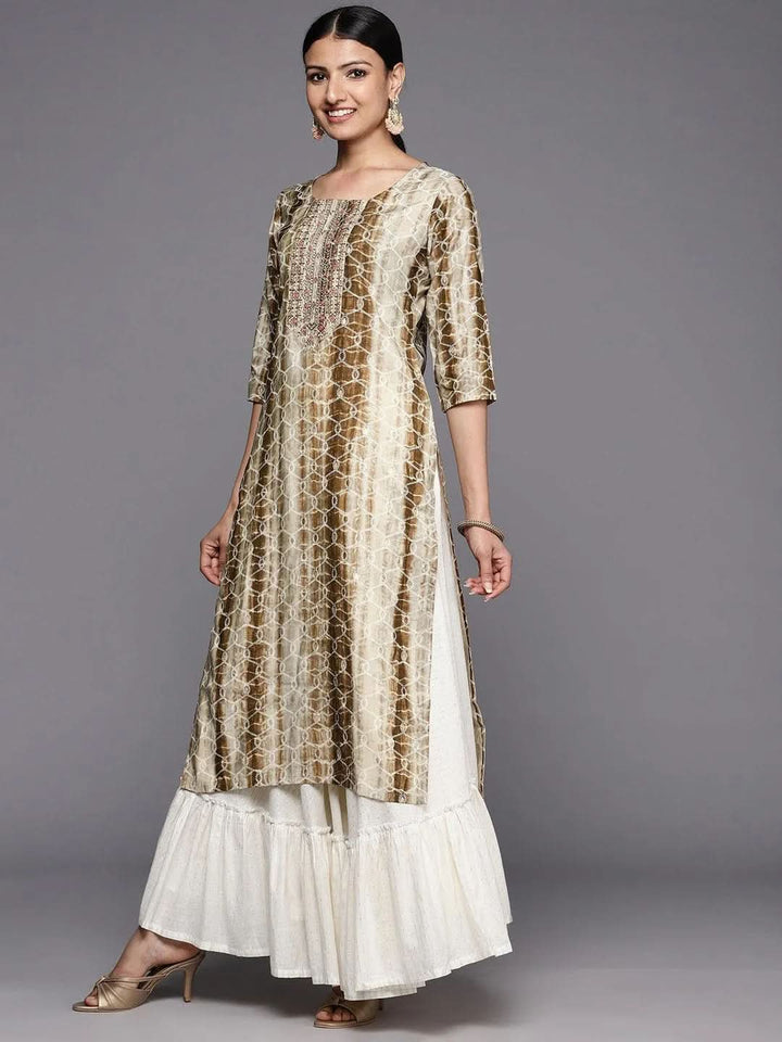 Brown Printed Silk Straight Kurta - Libas