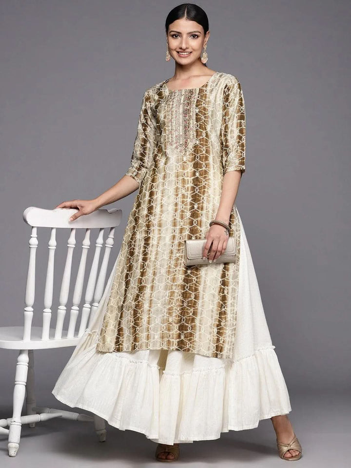 Brown Printed Silk Straight Kurta - Libas