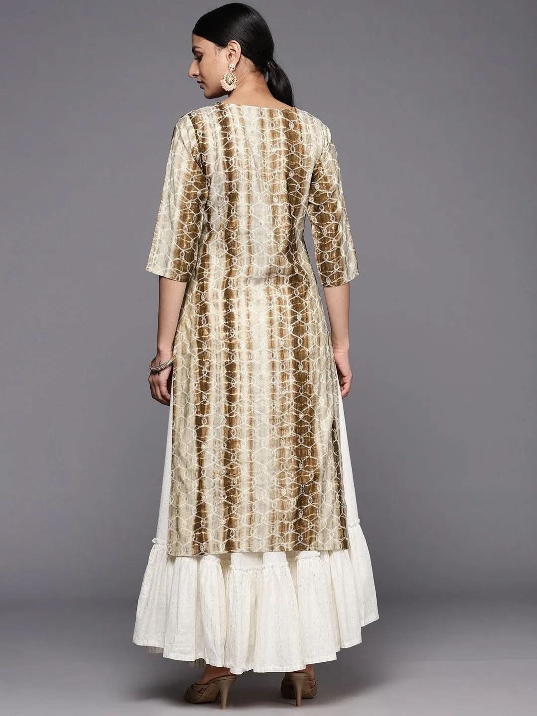 Brown Printed Silk Straight Kurta - Libas 