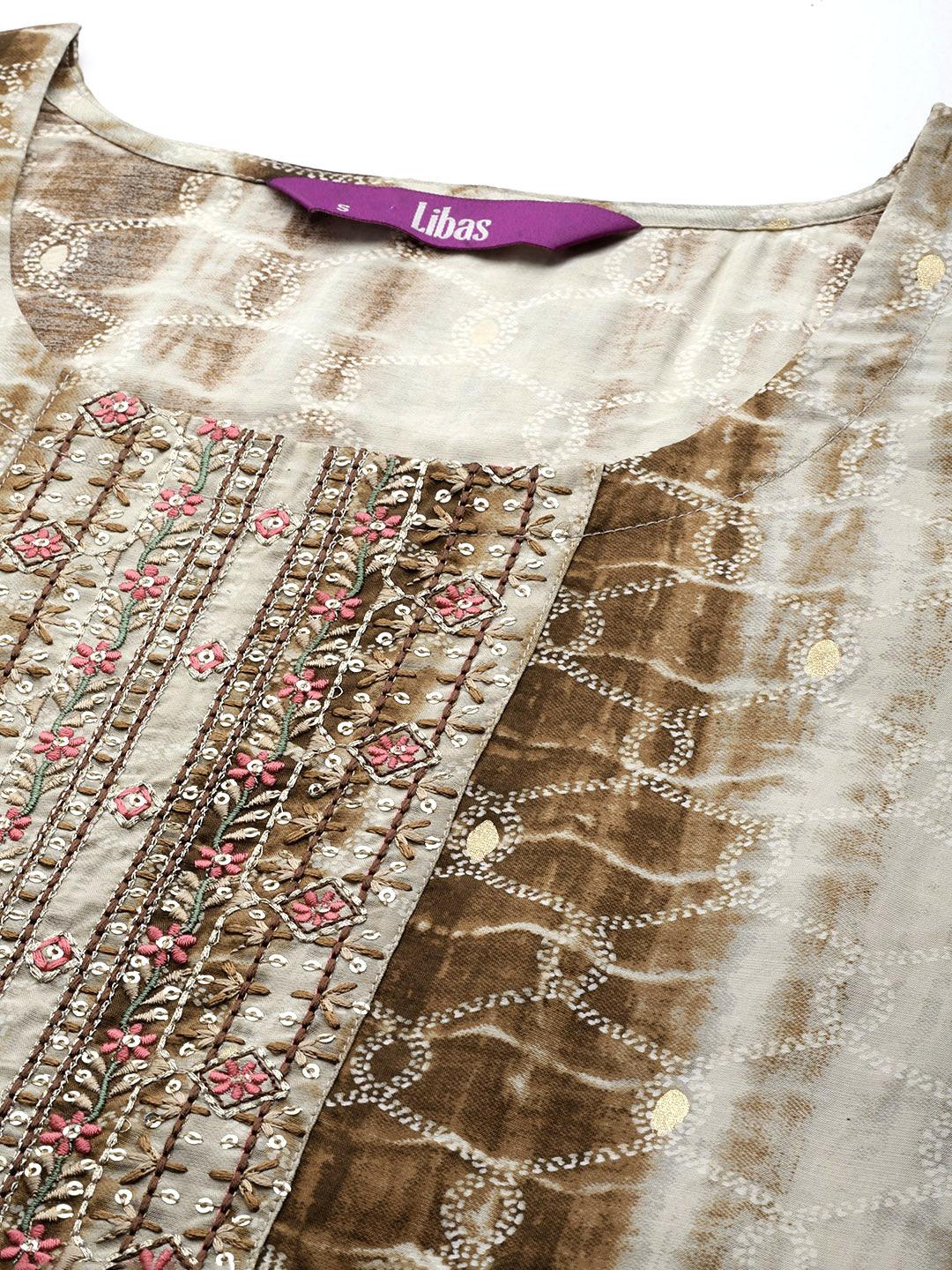 Brown Printed Silk Straight Kurta - Libas