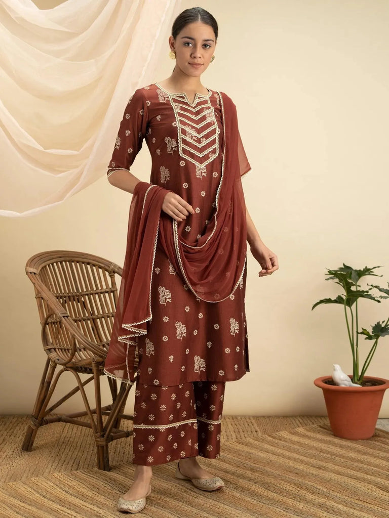 Libas Brown Printed Silk Straight Kurta With Palazzos & Dupatta