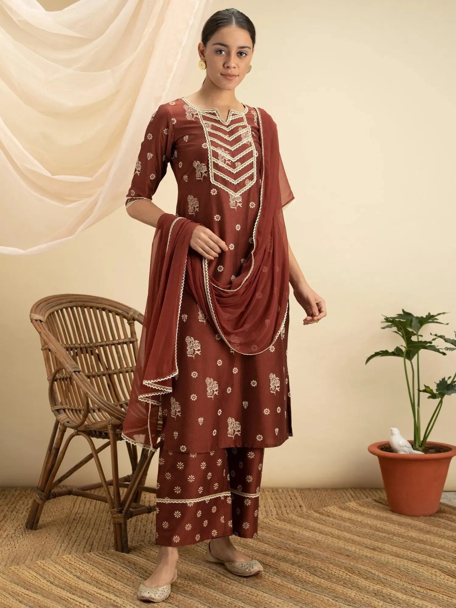 

Buy Brown Silk Printed Straight Kurta With Silk Palazzo And Dupatta Online