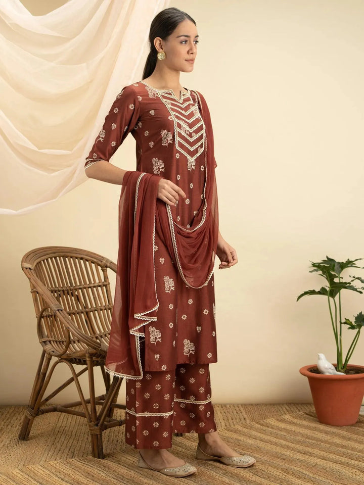Brown Printed Silk Suit Set - Libas