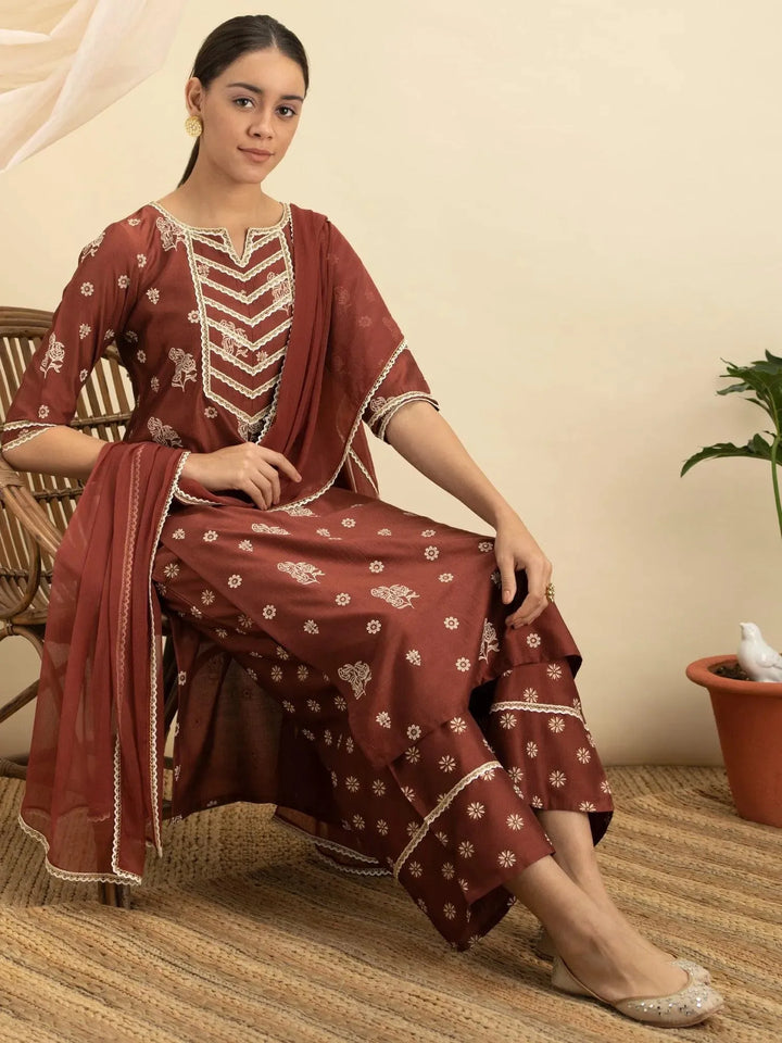 Brown Printed Silk Suit Set - Libas