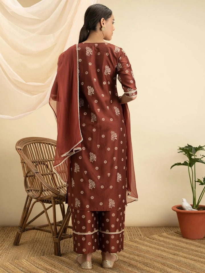Brown Printed Silk Suit Set - Libas