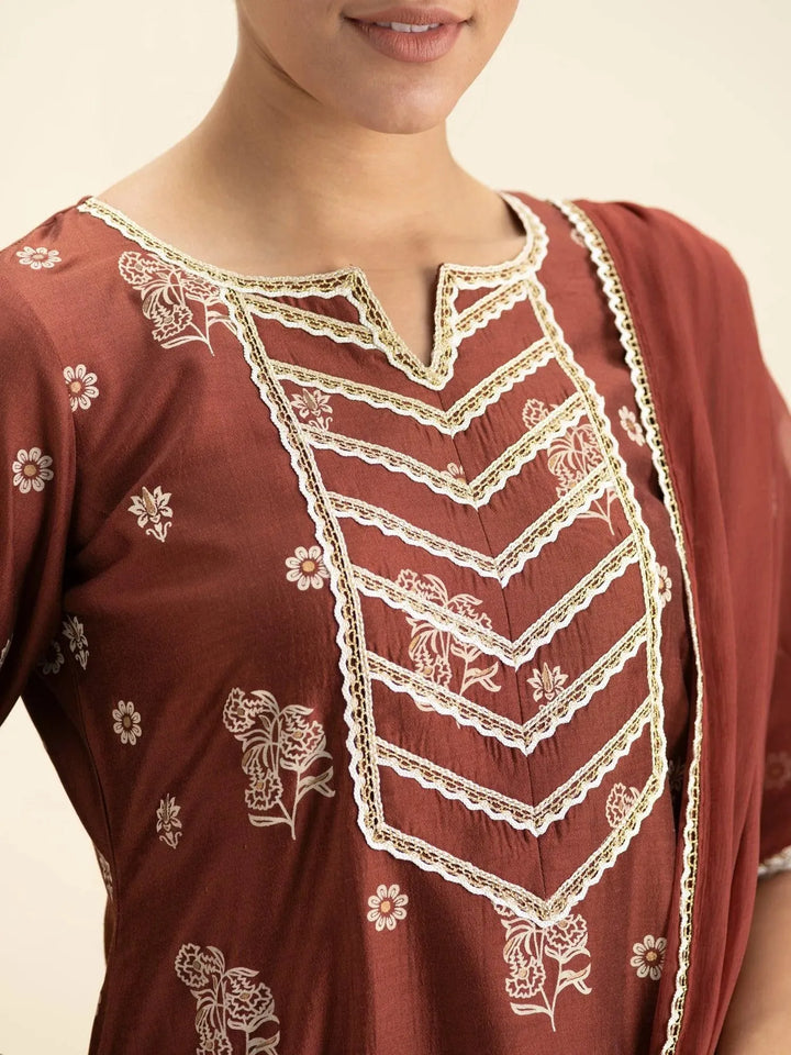 Brown Printed Silk Suit Set - Libas