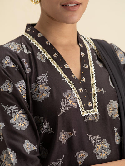 Brown Printed Silk Suit Set - Libas