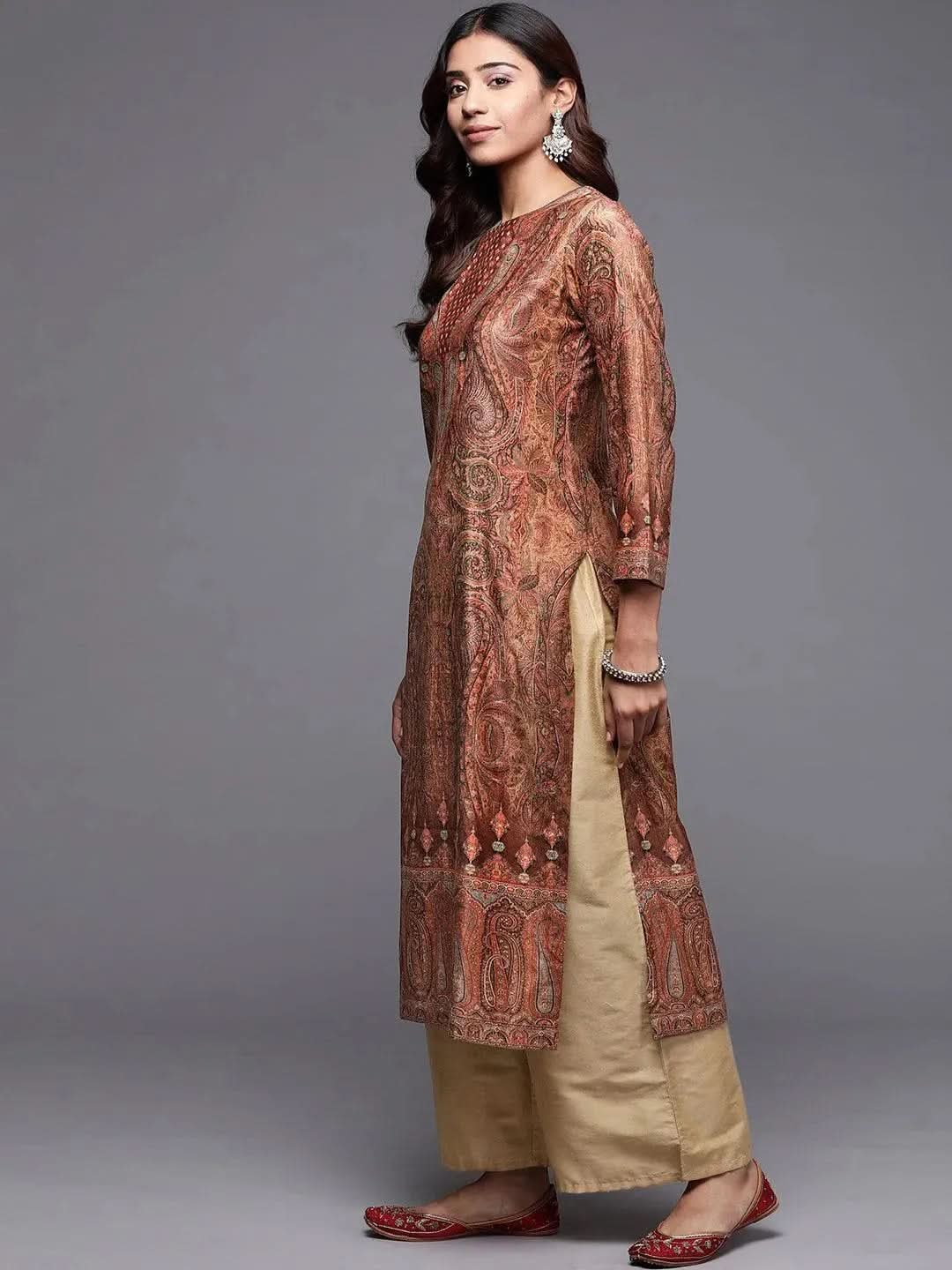Brown Printed Velvet Straight Kurta - Libas 