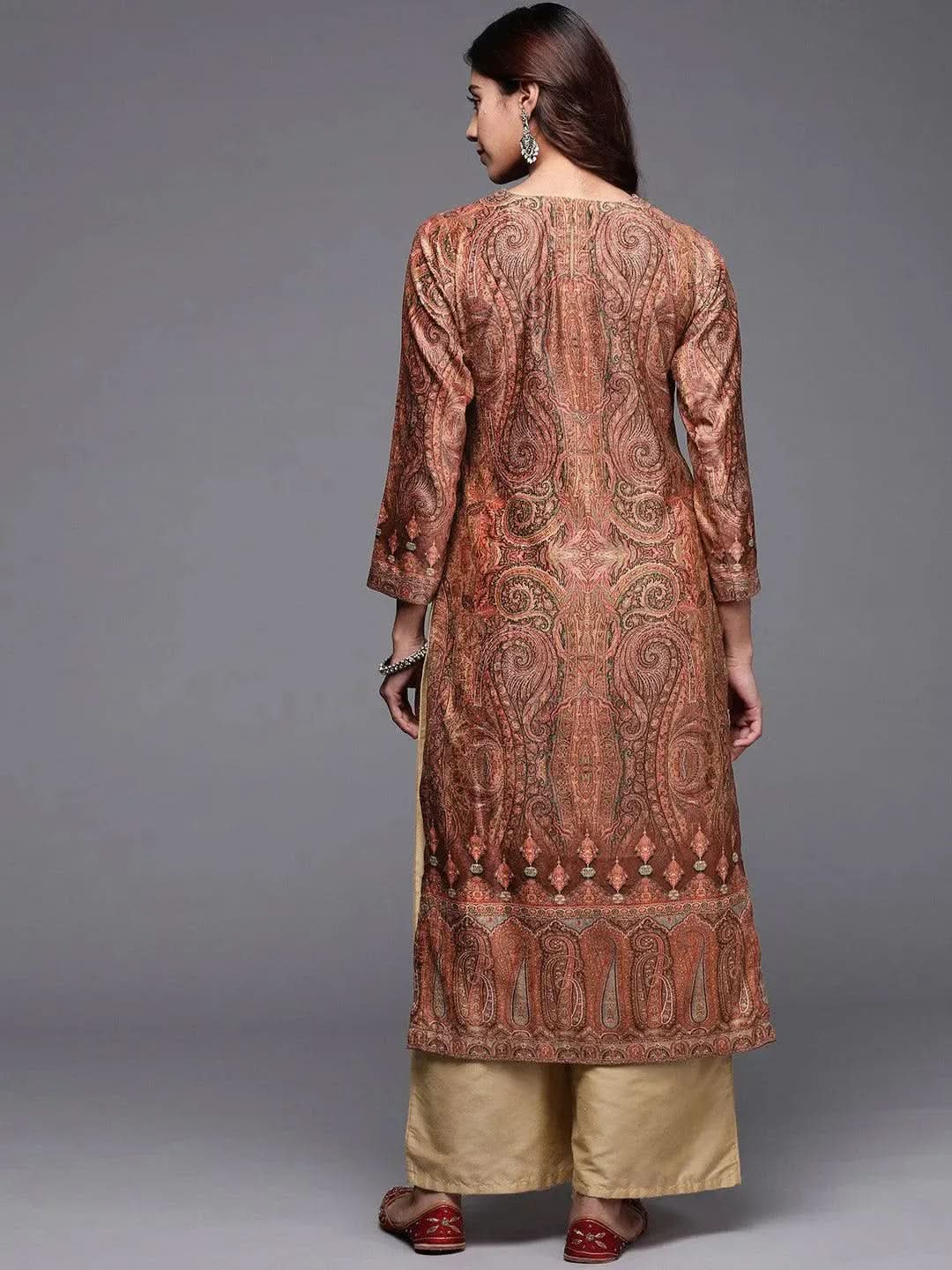 Brown Printed Velvet Straight Kurta - Libas 