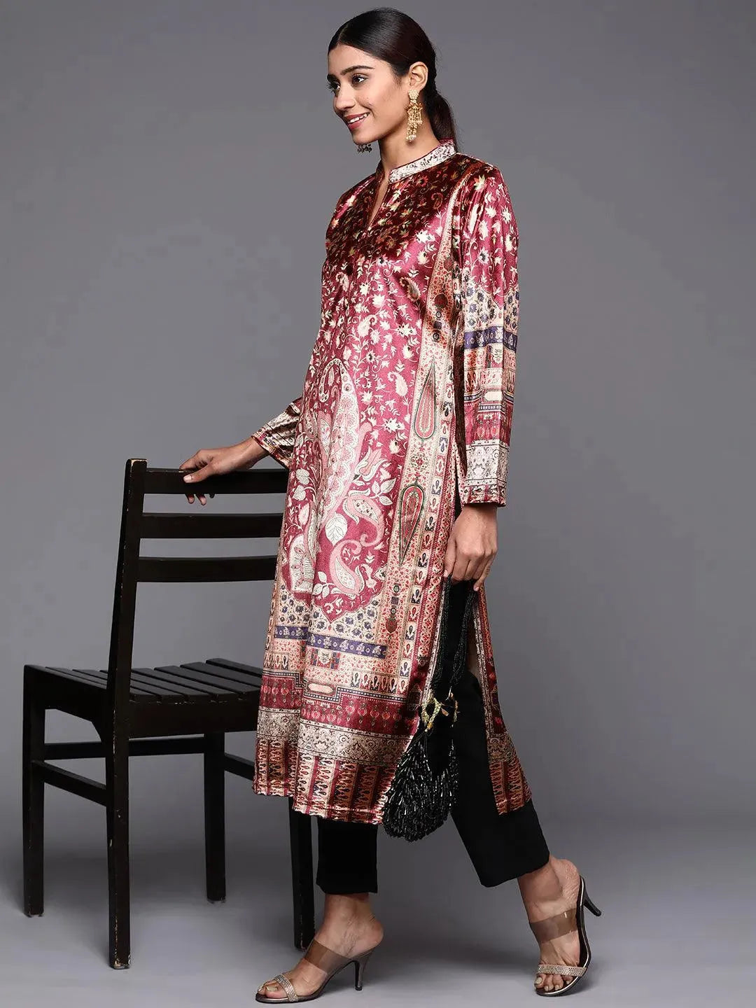 Brown Printed Velvet Straight Kurta - Libas