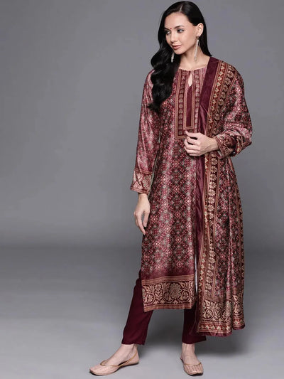 Brown Printed Velvet Suit Set - Libas