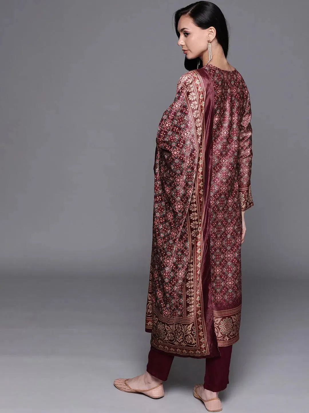 Brown Printed Velvet Suit Set - Libas