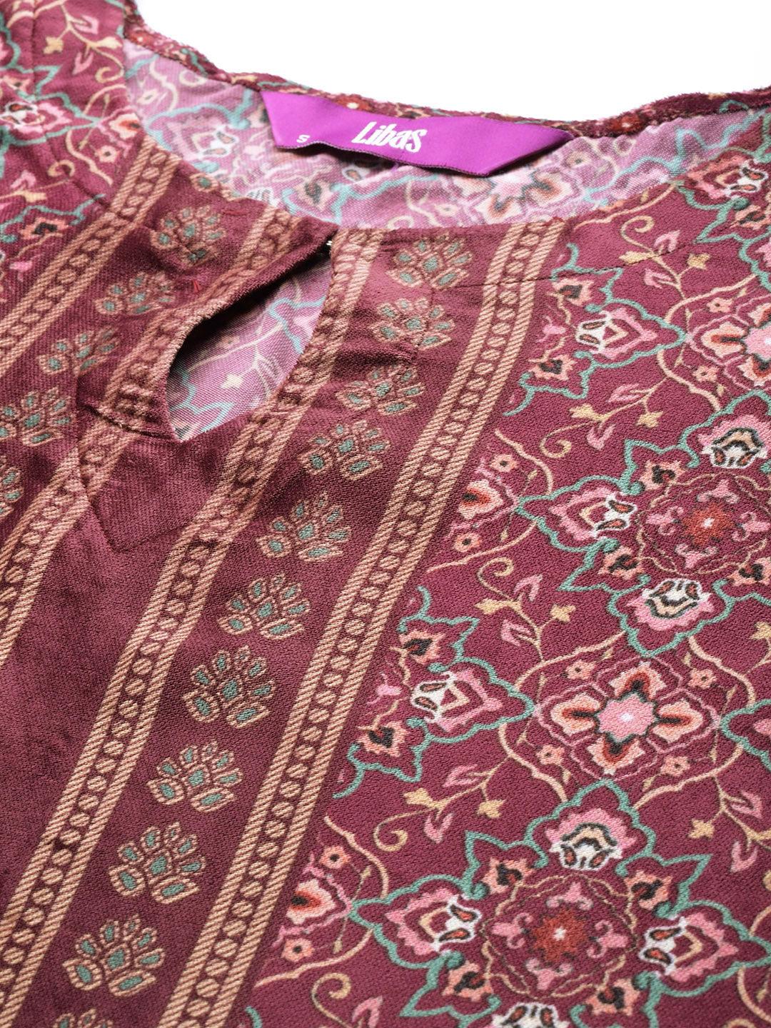 Brown Printed Velvet Suit Set - Libas