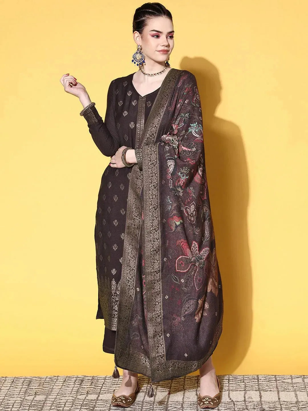 Brown Self Design Pashmina Wool Straight Suit Set - Libas