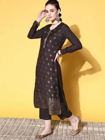 Brown Self Design Pashmina Wool Straight Suit Set - Libas