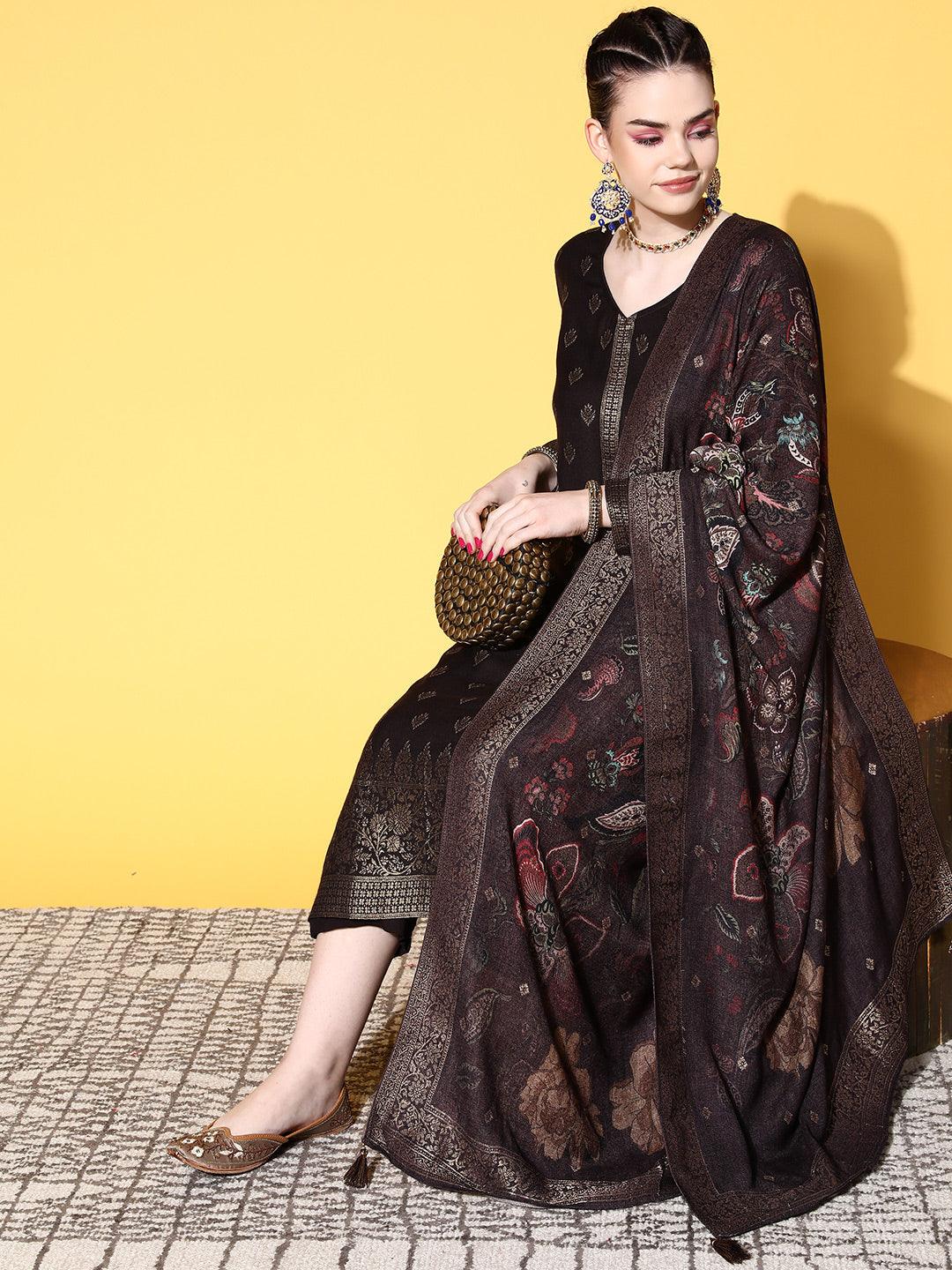Brown Self Design Pashmina Wool Straight Suit Set - Libas