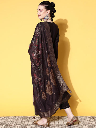 Brown Self Design Pashmina Wool Straight Suit Set - Libas