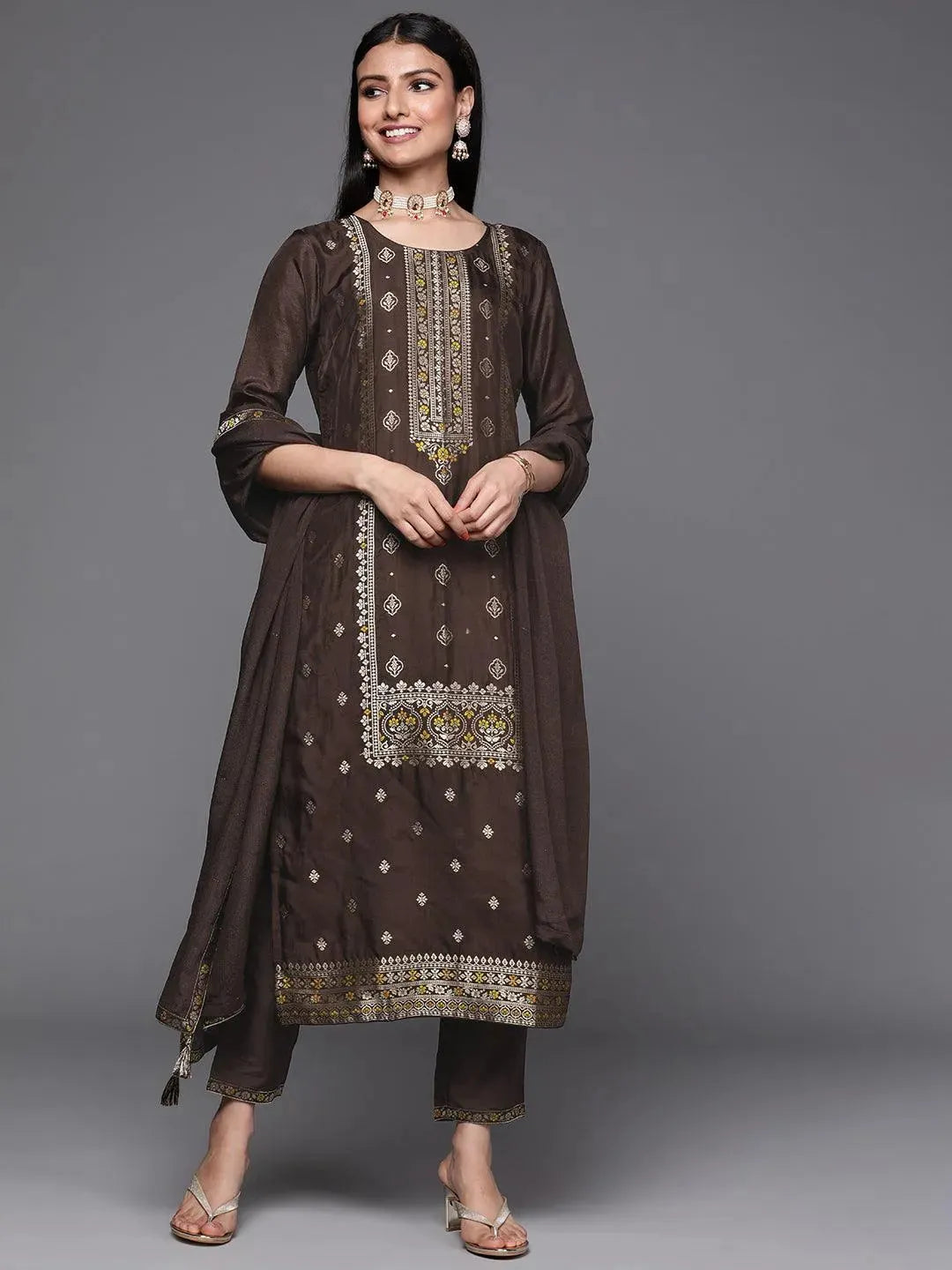 Coffee Brown Self Design Silk Suit Set - Libas