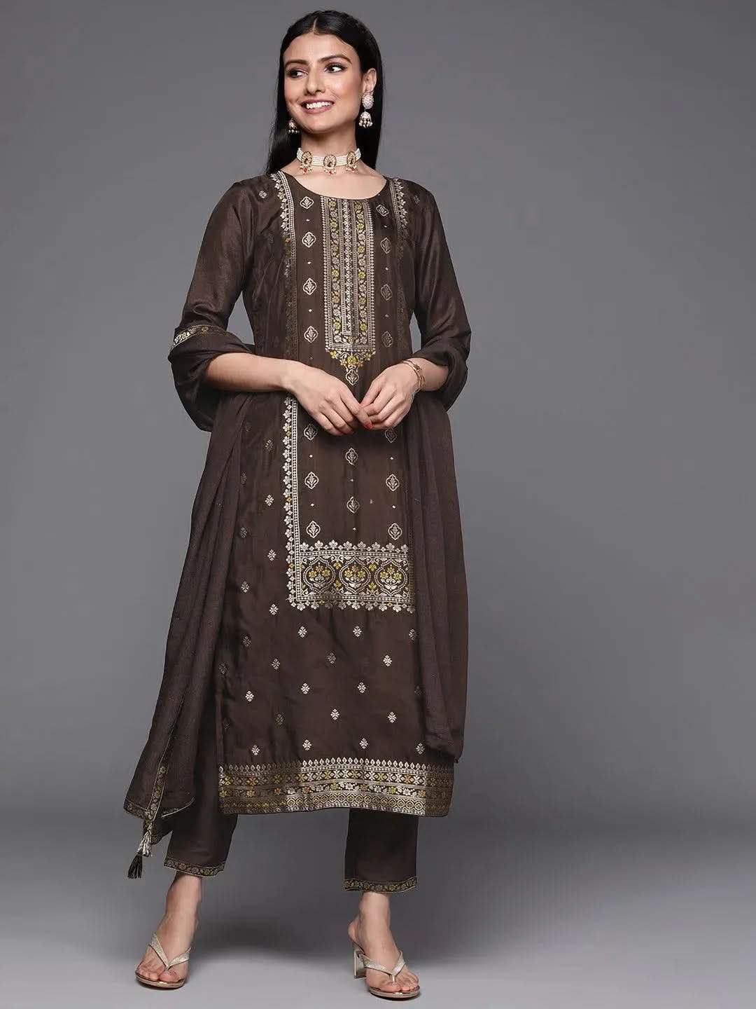 Brown Self Design Silk Straight Kurta With Dupatta