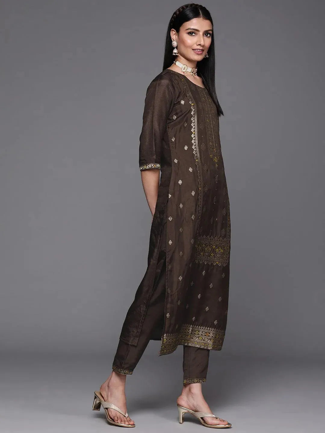 Coffee Brown Self Design Silk Suit Set - Libas 
