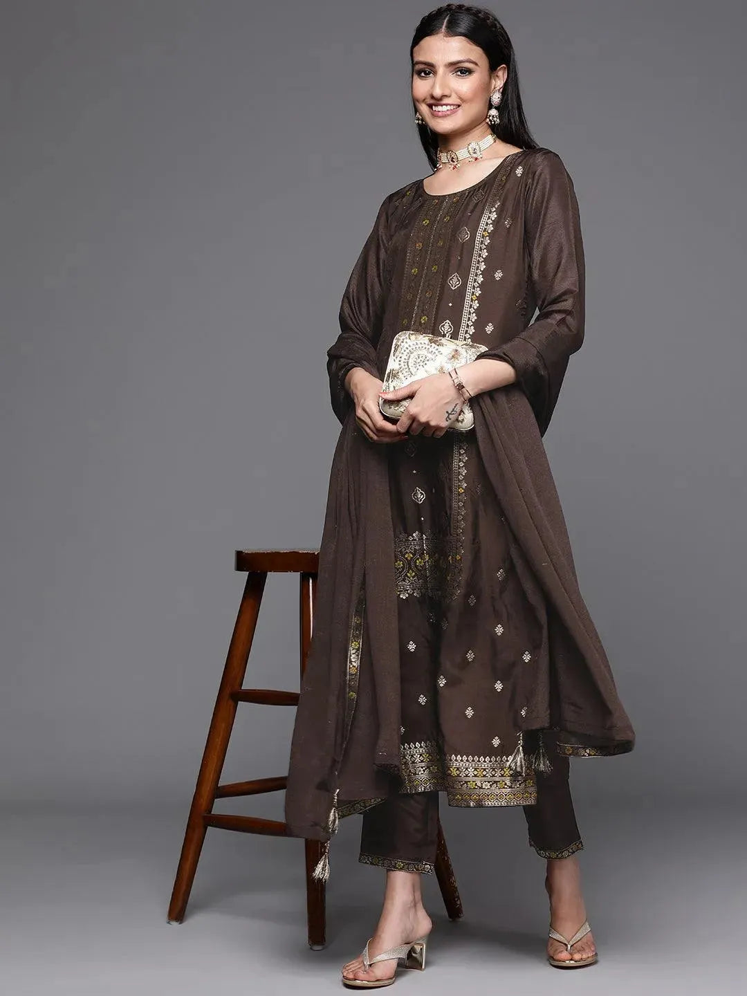 Coffee Brown Self Design Silk Suit Set - Libas 