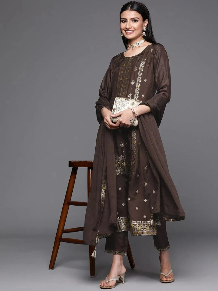 Coffee Brown Self Design Silk Suit Set - Libas