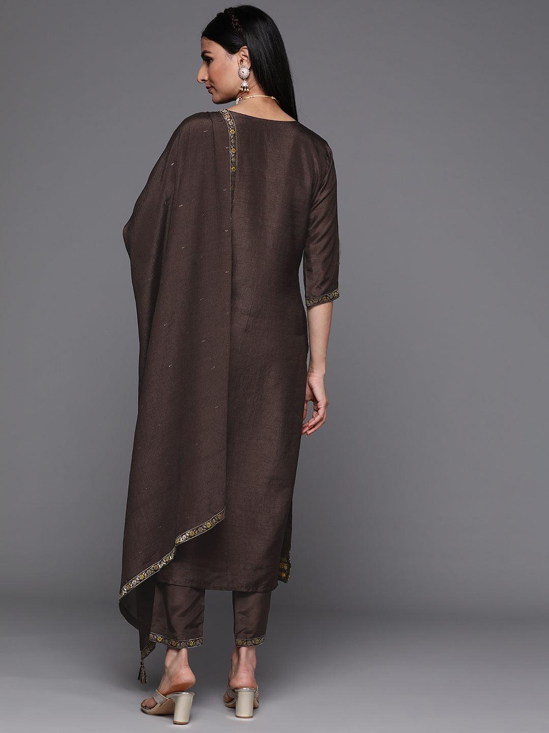 Brown Self Design Silk Straight Kurta With Dupatta