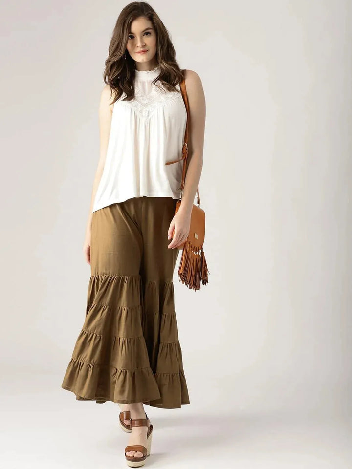 Brown Solid Cotton Sharara Pants - Libas
